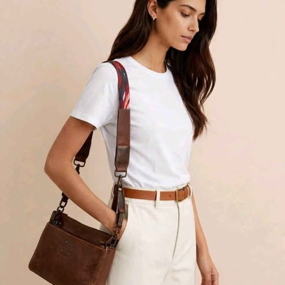 Brown Leather Crossbody Bag with Patterned Strap